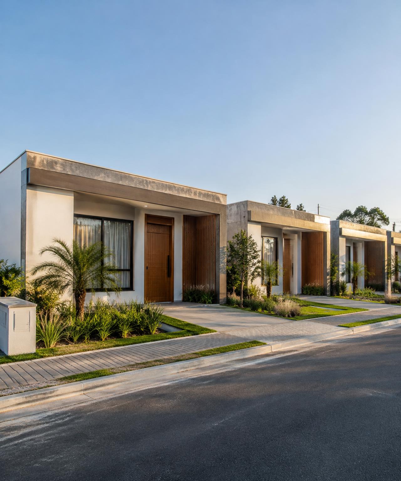 Conjunto de casas geminadas térreas com arquitetura contemporânea